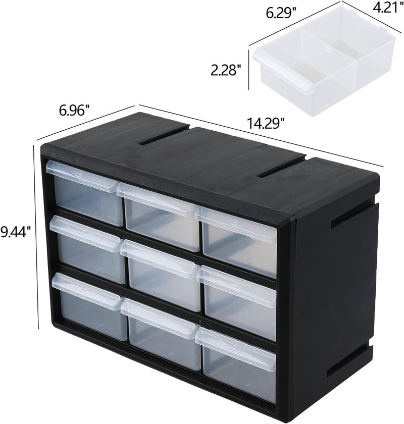 Xeabia 9-Drawer Plastic Parts Storage Cabinet, Drawer Part Organizer, Black - Image 3